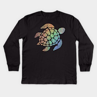 Holographic Rainbow Ombre Faux Glitter Turtle Kids Long Sleeve T-Shirt